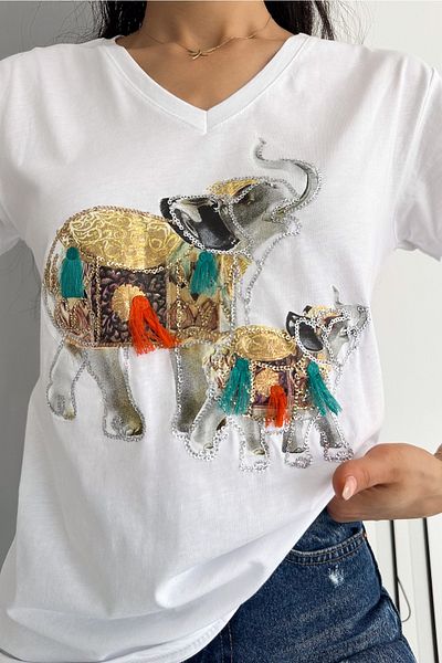 FEMELLE Women's White V-Neck Baby Elephant Sequin Sequin Embroidered Tassel 100% Cotton T-Shirt