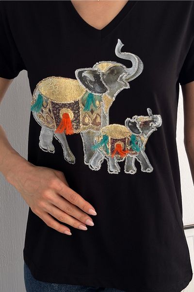 FEMELLE Tricou de damă, negru, cu decolteu în V, pentru bebeluș de elefant, cu paiete, ciucuri brodat, 100% bumbac