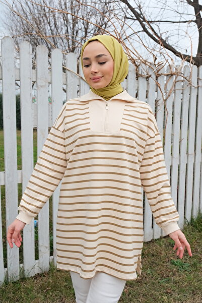 LOCCO Women's Front Zipper Striped Sweat Oil Green