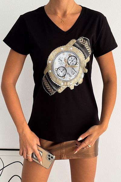 FEMELLE Ceas de damă negru cu decolteu în V, tricou 100% bumbac brodat cu paiete