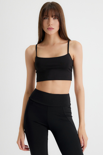 LAMODEMAPASS Siyah Kalın Askılı Crop Top