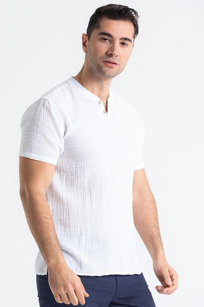 Eliş Şile Bezi Ανδρικό μπλουζάκι με ριμπ κοντομάνικο Muslin White Byz