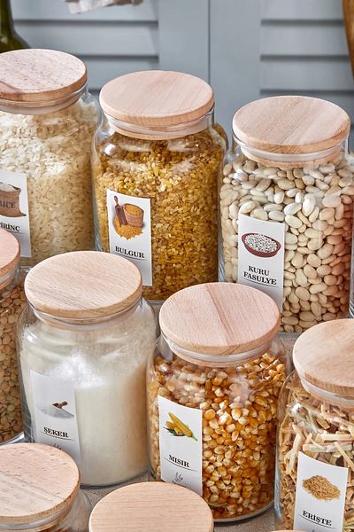 ŞAKİLATA CONCEPT 12-Piece 800 Ml Glass Spice Rack with Wooden Lid Pulses Set Labeled Storage Container Jar