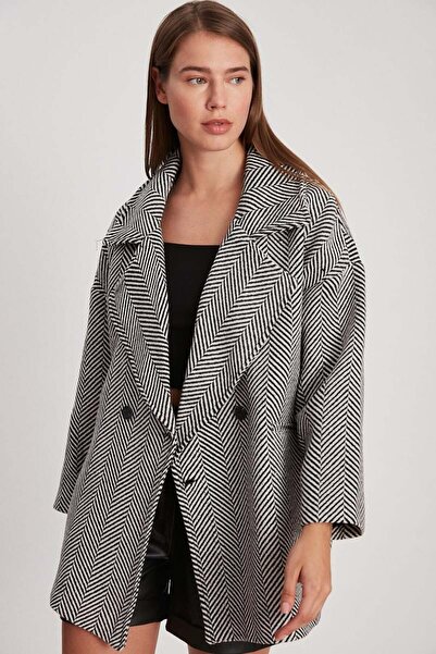 dükkan10butika Dámský oversize kapesní kašmírový kabát se vzorem Houndstooth Černá bílá