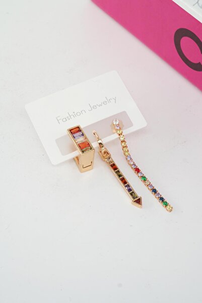 By Zeyna Aksesuar Zircon Stone Vip Series Women's Baguette Earrings - Set of 3