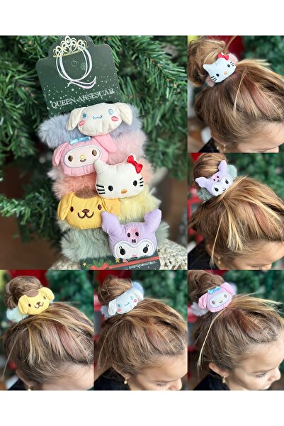 QUEEN AKSESUAR 5li Hello kitty kuromi melody peluş tüylü lastik toka seti ren...