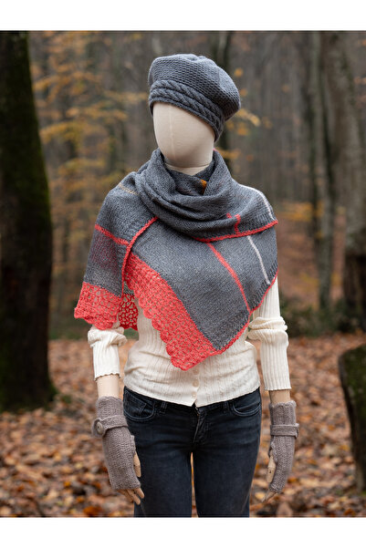 pinknite Antrasit Pembe Çizgili Yün Kadın Şal/atkı Örgü Zarif Sınırlı Üretim