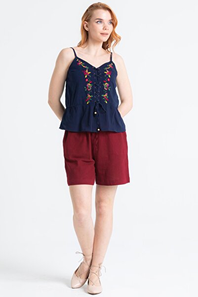 Eliş Şile Bezi Strappy Sile Cloth Bihter Embroidered Blouse Navy Blue Lcvt