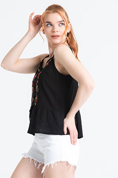 Eliş Şile Bezi Strappy Sile Cloth Bihter Embroidered Blouse Black Black