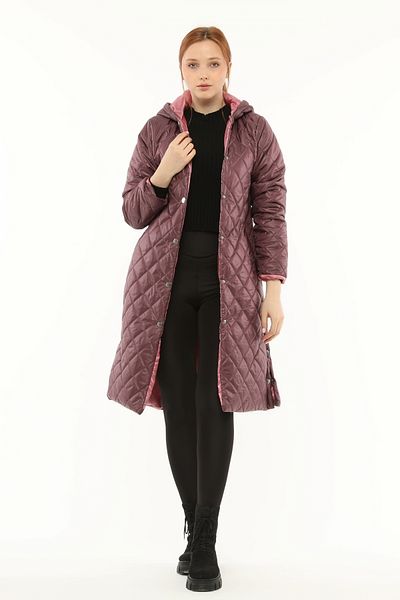 Primaro Quilted Snap Fastener Side Slit Full Coverage Long Hooded Burgundy Trench Coat
