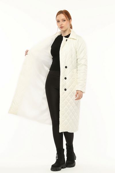 Primaro Quilted Buttoned Full Coverage Long Off White Trench Coat