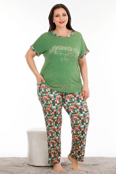 quilling Green Color and Patterned Lady 10935 Short Sleeve Women's Plus Size Pajamas Set
