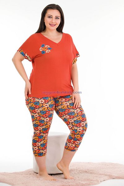 quilling Orange Color Flower Patterned Lady 10680 Short Sleeve Capri Plus Size Pajamas Set