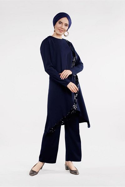 TRENDTESETTÜR Γυναικεία Navy Blue Sequin Λεπτομερής Ασύμμετρη Σετ 2 τεμαχίων 5647