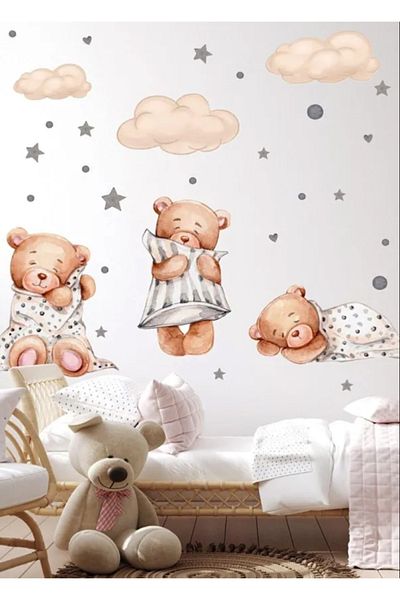 Sim Tasarım Set of 3 Sleeping Teddy Bears Clouds and Stars Children's Baby Room Sticker