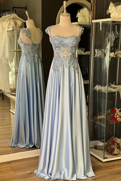 Lenta Moda Buz Mavi İnci İşlemeli Dantel Kaplama Maxi Boy Saten Abiye Ve Gece...