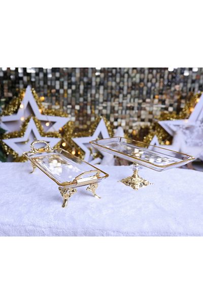 Elta Collection 2-Piece Pasabahce Crystal Metal Leg Gilded Baton Presentation Holder