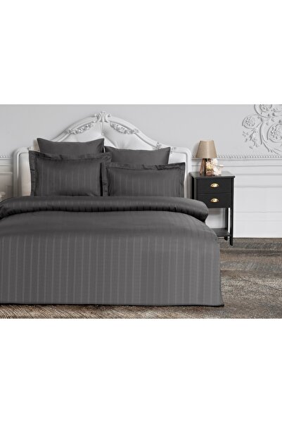 mevababy Ecosse Stripe Pamuk Saten Çift Kişilik Nevresim Takımı-Kahve ( 6 parça )