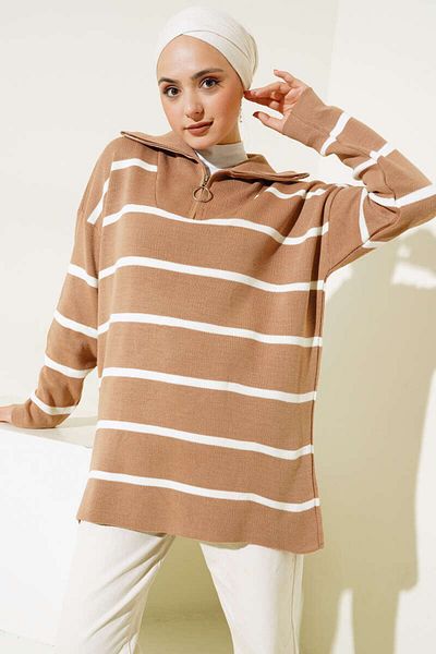 benguen 2026 Collar Zippered Striped Knitwear Tunic Mink
