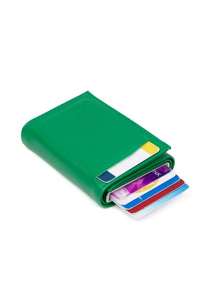 Newish Women's Green Faux Leather Wallet - Aluminum Mechanism with Sleeves and Card Holder Coin Compartment