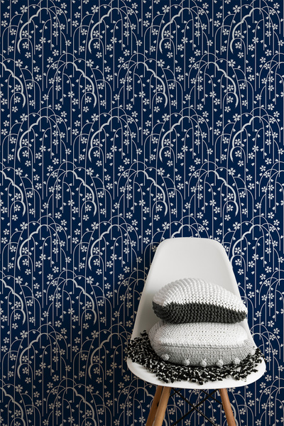 Plustablo Uzak Doğu Çiçek Sanatı Koyu Renkli Duvar Kağıdı, Lacivert Duvar Kağ...