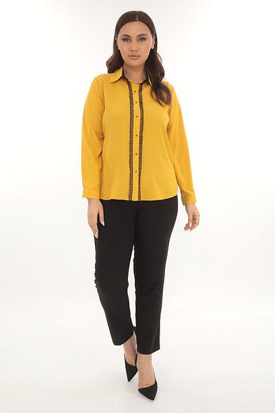 Selent Women's Black Guipure Detailed Buttoned Long Sleeve Large Size Shirt