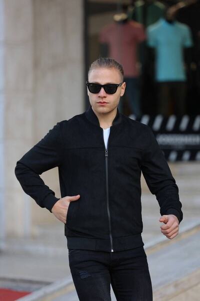 So eS سترة من جلد الغزال الأسود للرجال St.ü.t