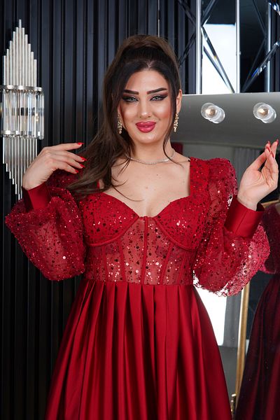 Matik Abiyem Pearl Tulle Sequin Satin Design Chest Cutout Long Dress Evening Dress