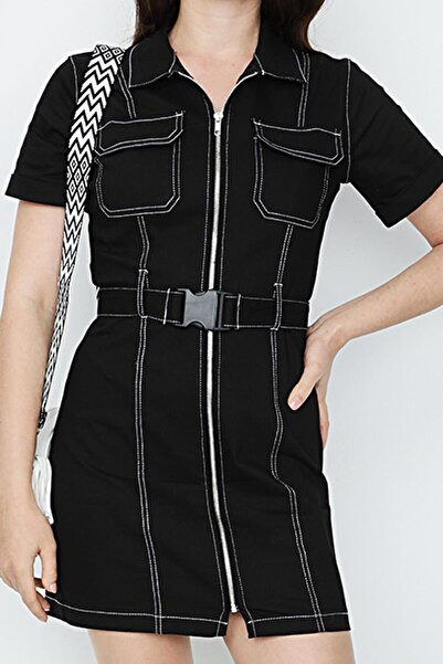 Select Moda Γυναικείο τζιν φόρεμα με ραμμένη ζώνη με αντίθεση