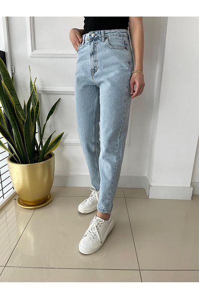 MAKRAS EXCLUSIVE Isabella Lamina Blue Snow Wash Taie înaltă Mom Jeans Boyfriend (Cumpărați cu o mărime mai mare)
