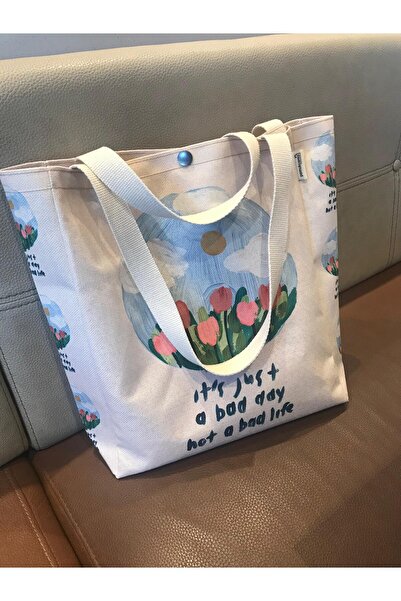 pamukcanta Yağlı Boya Tasarım Kanvas Bez Çanta Yıkanabilir Çıtçıtlı İçi Cepli