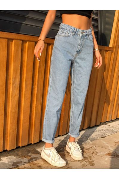 MAKRAS EXCLUSIVE Isabella Zero Max cu talie înaltă Blue Mom Jeans Blugi elastici din lycra (cumpără cu 1 mărime mai mare)