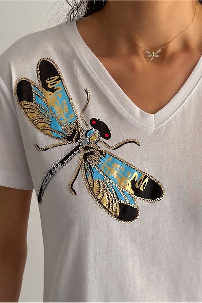 FEMELLE Women's V-Neck Sequin Embroidered 100% Cotton T-Shirt