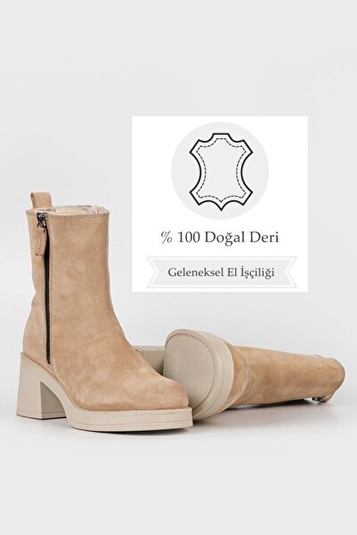 TUNAELLİ KADIN BEJ SÜET HAKİKİ DOĞAL DERİ 36-41 NUMARA BOT & BOOTİE