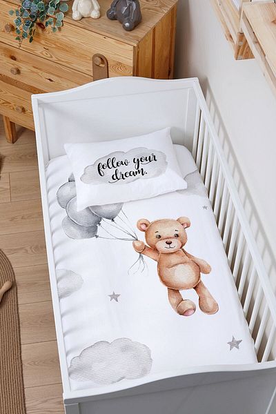 Tuğba Kuğu Fitted Sheet Set (60X120 HEIGHT 15) - Pure Baby Series - Bear Holding Balloons