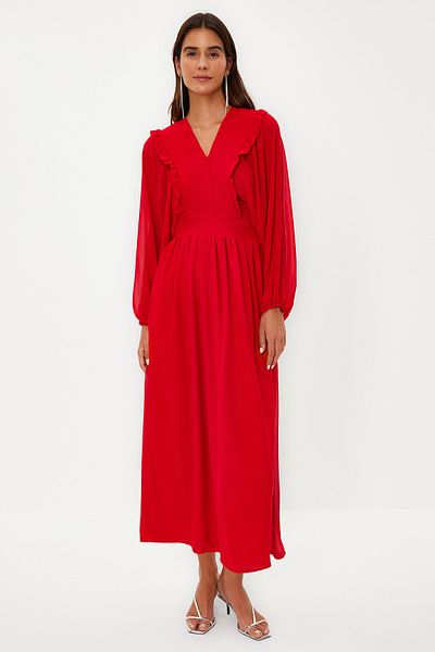 Trendyol Modest Rotes, minimal gemustertes, mit Chiffon gefüttertes Webkleid TCTSS24EB00035