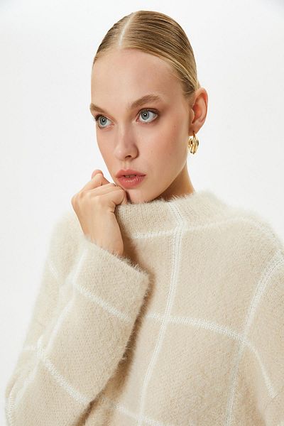 Koton Ecru Plaid Women's Sweater 4WAK90122HT
