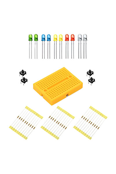 Arduino Mini Breadboard - 10 Adet Karışık Led - 30 Adet Direnç - 4 Adet Buton Paketi