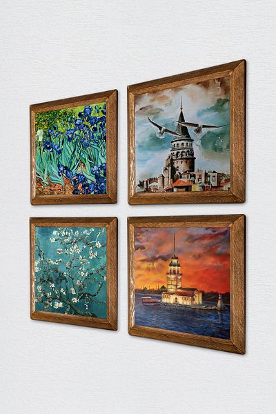 Pinecone Istanbul Galata Tower, Maiden's Tower, Van Gogh Irises, Almond Tree Stone Painting Framed Wall Decor