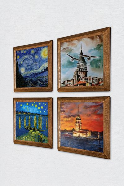 Pinecone Van Gogh, Istanbul Galata Tower, Maiden's Tower Stone Wall Painting with Wooden Frame Wall Decor W4-756