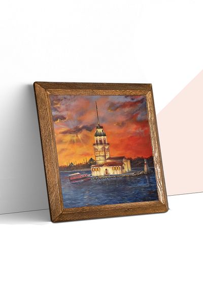 Pinecone Istanbul Maiden's Tower Stone Wall Painting Wooden Framed Wall Decor Wall Art 25x25cm