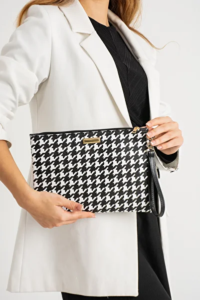 Bagfoni Houndstooth Patterned Clutch Bag with Hand Strap
