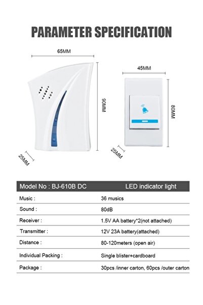 Janva Pilsiz Prize Takılabilen Kablosuz Kapı Zili 36 Melodi Uzak Mesafe Kapı Zili Yeni Model