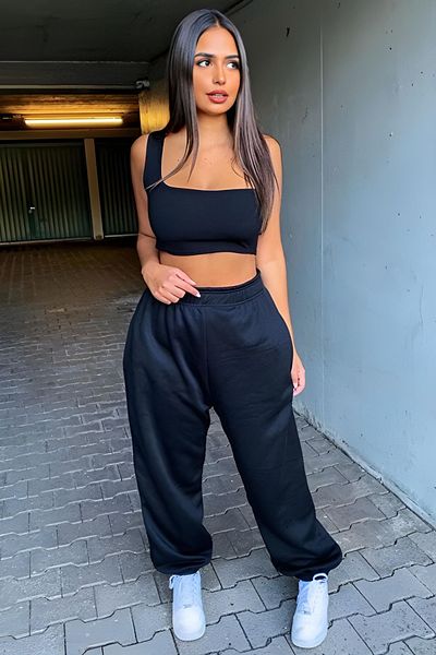 vladivosto Pantaloni de sport oversize cu talie înaltă, cu 3 fire, pentru femei, negru, gri, antracit, largi, mărime mare