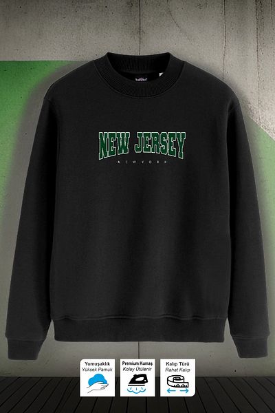 BESSA Ανδρικό μαύρο φούτερ New Jersey με λαιμόκοψη, άνετο βαμβακερό ύφασμα