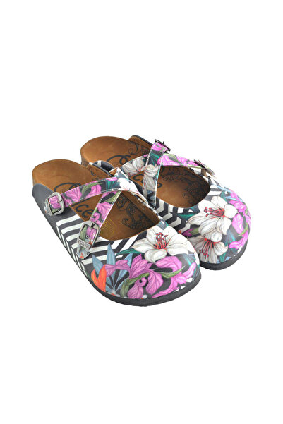 Mundos Lacivert Şeritli Ve Çiçek Baskılı Terlik