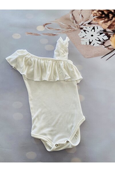 Mini Kids Baby Baby Girl Ecru Frilly Single Shoulder Strap Snap-On Bodysuit