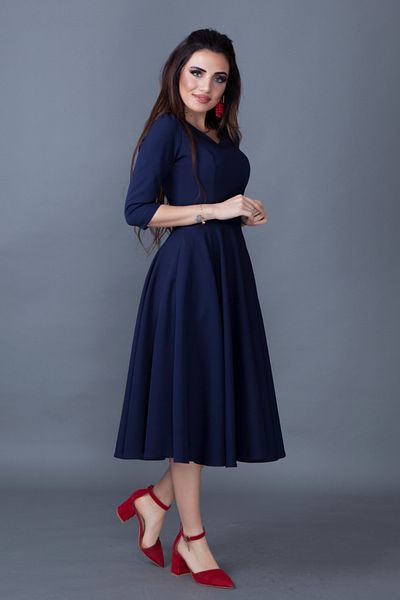NO48 Navy Blue Three-Quarter Sleeve V-Neck Pocket Woven Draped Fabric Flared Midi Dress