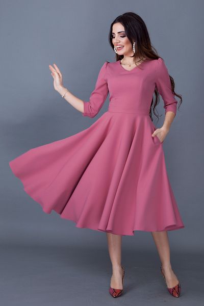 NO48 Φόρεμα Dusty Rose Three Quarter μανίκι V με λαιμόκοψη με υφαντό ύφασμα με φουσκωτό μίντι μήκος