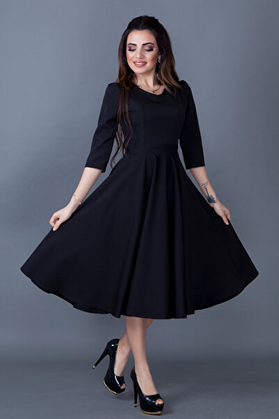 NO48 Μαύρο μανίκι τριών τετάρτων με τσέπες με λαιμόκοψη με υφαντό ύφασμα με φουσκωτό μίντι φόρεμα